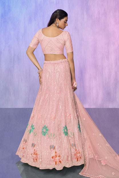 Peach Colour Embroidery Net Lehenga Choli VSLD1080740