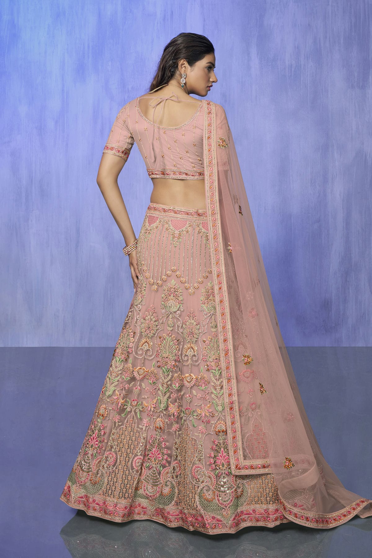 Peach Colour Embroidery Net Lehenga Choli VSLD1080745