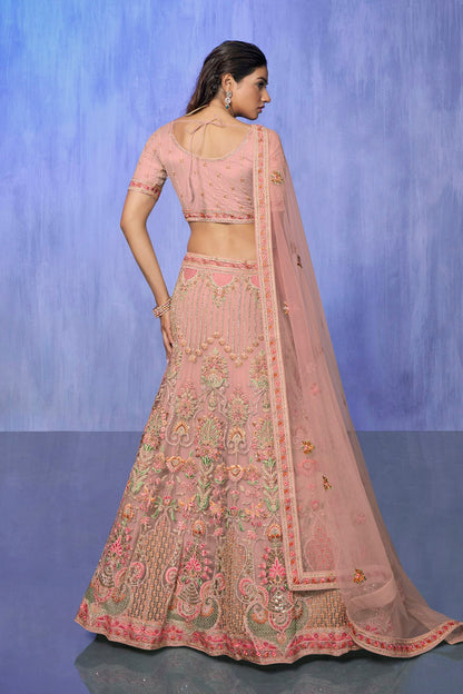 Peach Colour Embroidery Net Lehenga Choli VSLD1080745