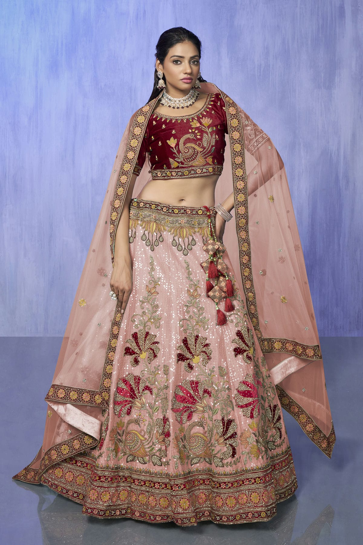 Peach Colour Embroidery Velvet Lehenga Choli