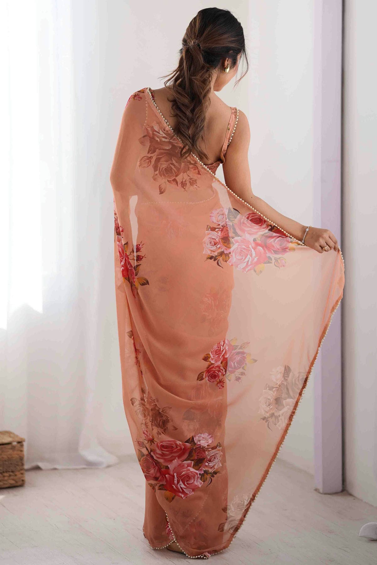 Peach Colour Georgette Hand Printed Saree VSSD1113563