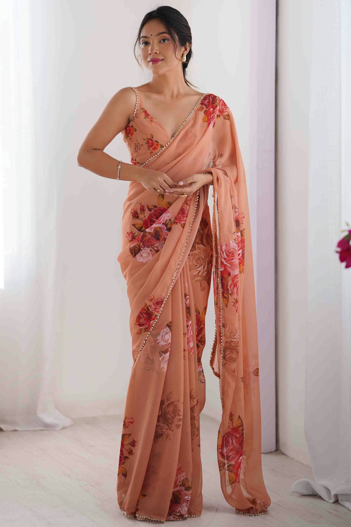 Peach Colour Georgette Hand Printed Saree VSSD1113563