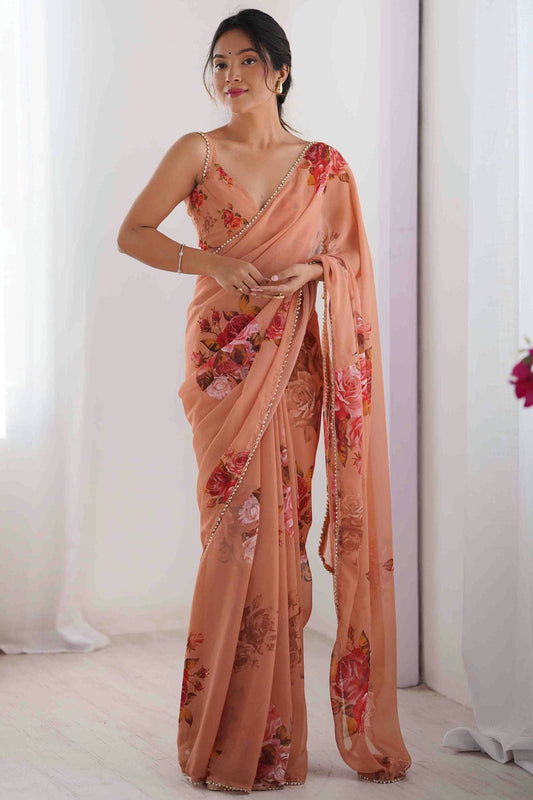Peach Colour Georgette Hand Printed Saree VSSD1113563
