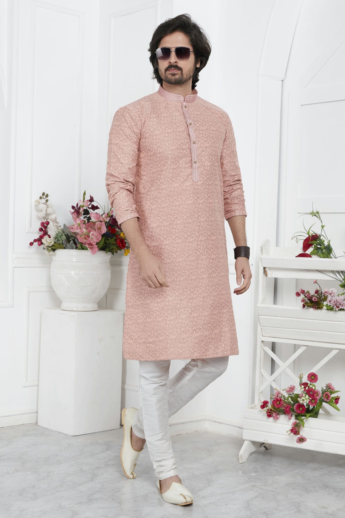 Peach Colour Jacquard Silk Brocade Kurta Pajama VSKP1230212