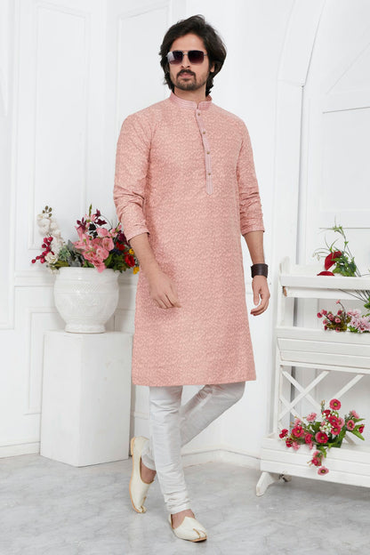 Peach Colour Jacquard Silk Brocade Kurta Pajama VSKP1230212
