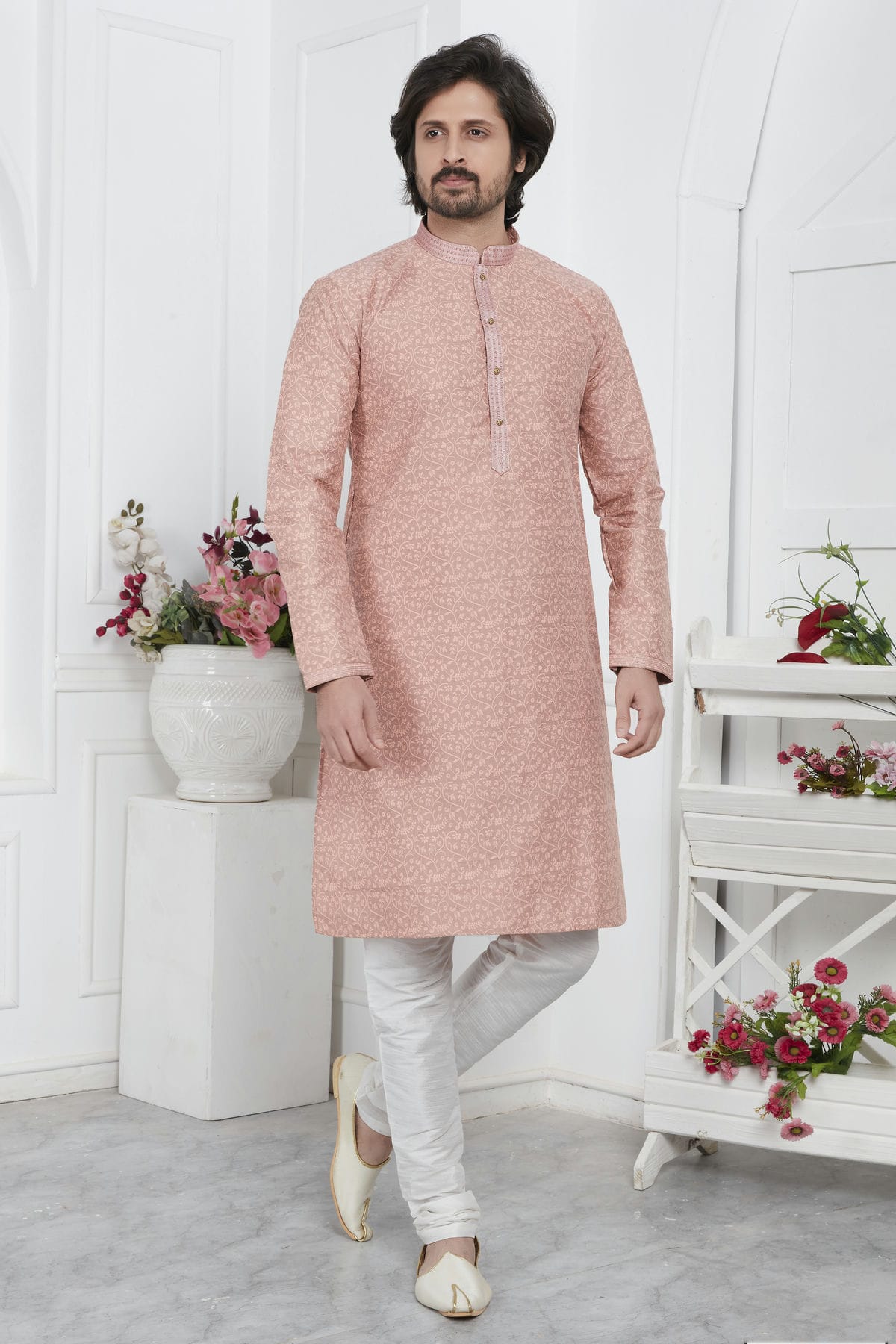 Peach Colour Jacquard Silk Brocade Kurta Pajama