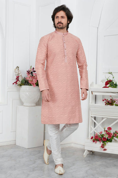Peach Colour Jacquard Silk Brocade Kurta Pajama