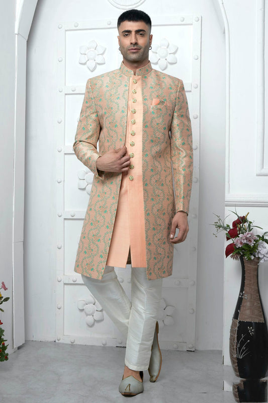 Peach Colour Jacquard Silk Indowestern Sherwani With Aligadhi Pant