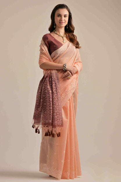 Peach Colour Muga Cotton Traditional Saree