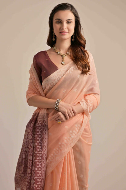 Peach Colour Muga Cotton Traditional Saree