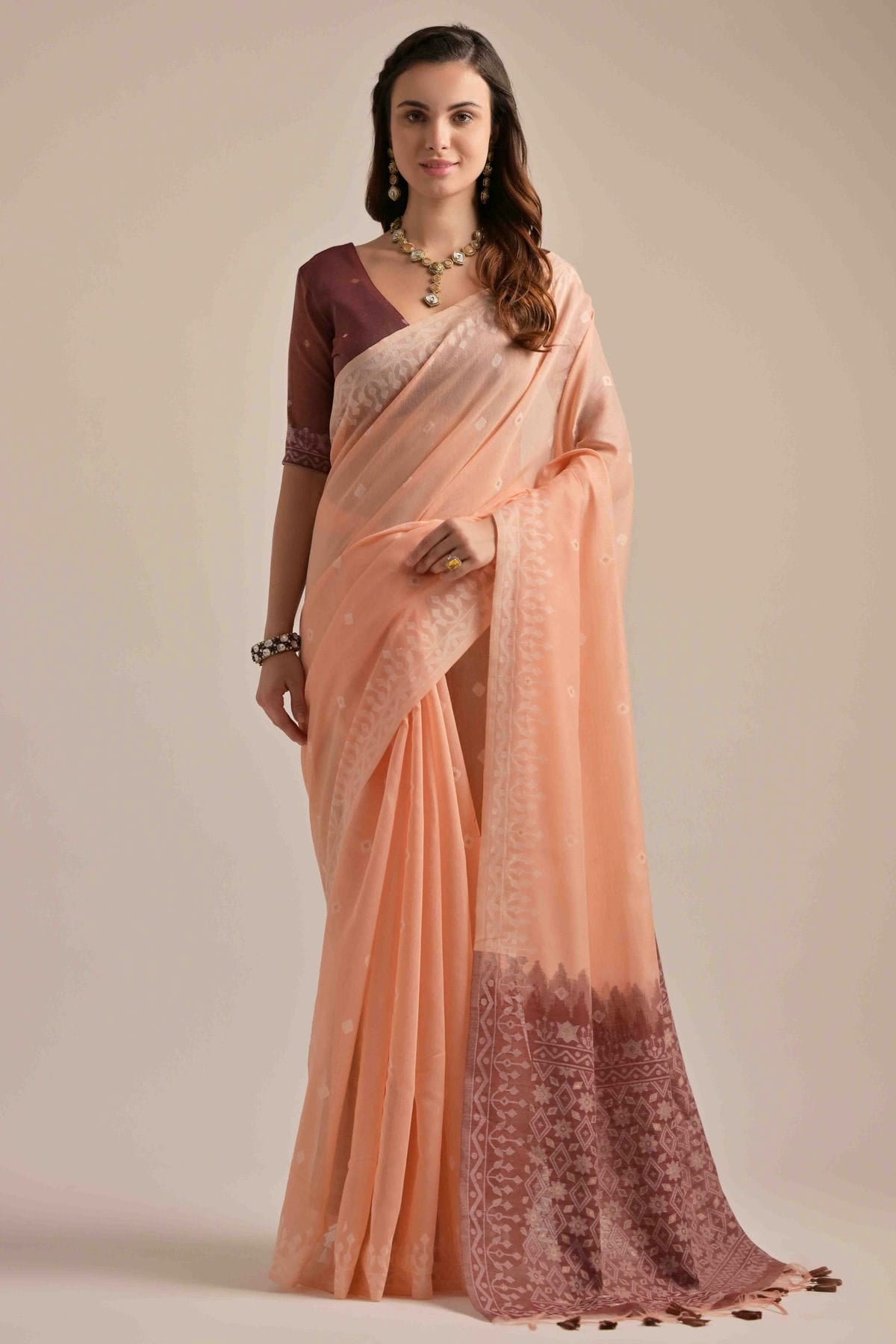 Peach Colour Muga Cotton Traditional Saree VSSD1260095