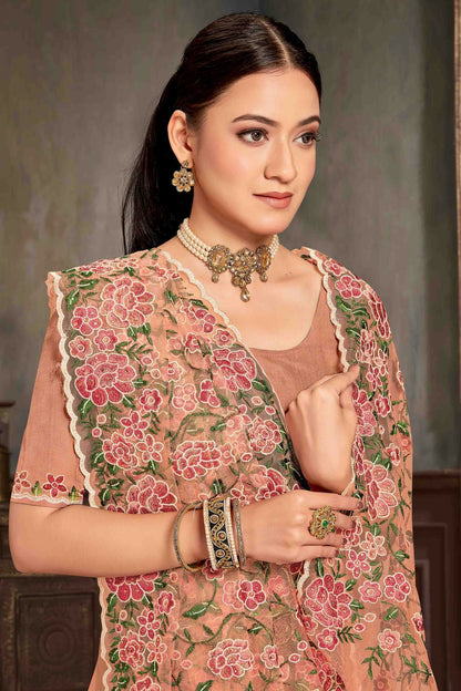 Peach Colour Net Embroidery Work Designer Saree VSSD1091235