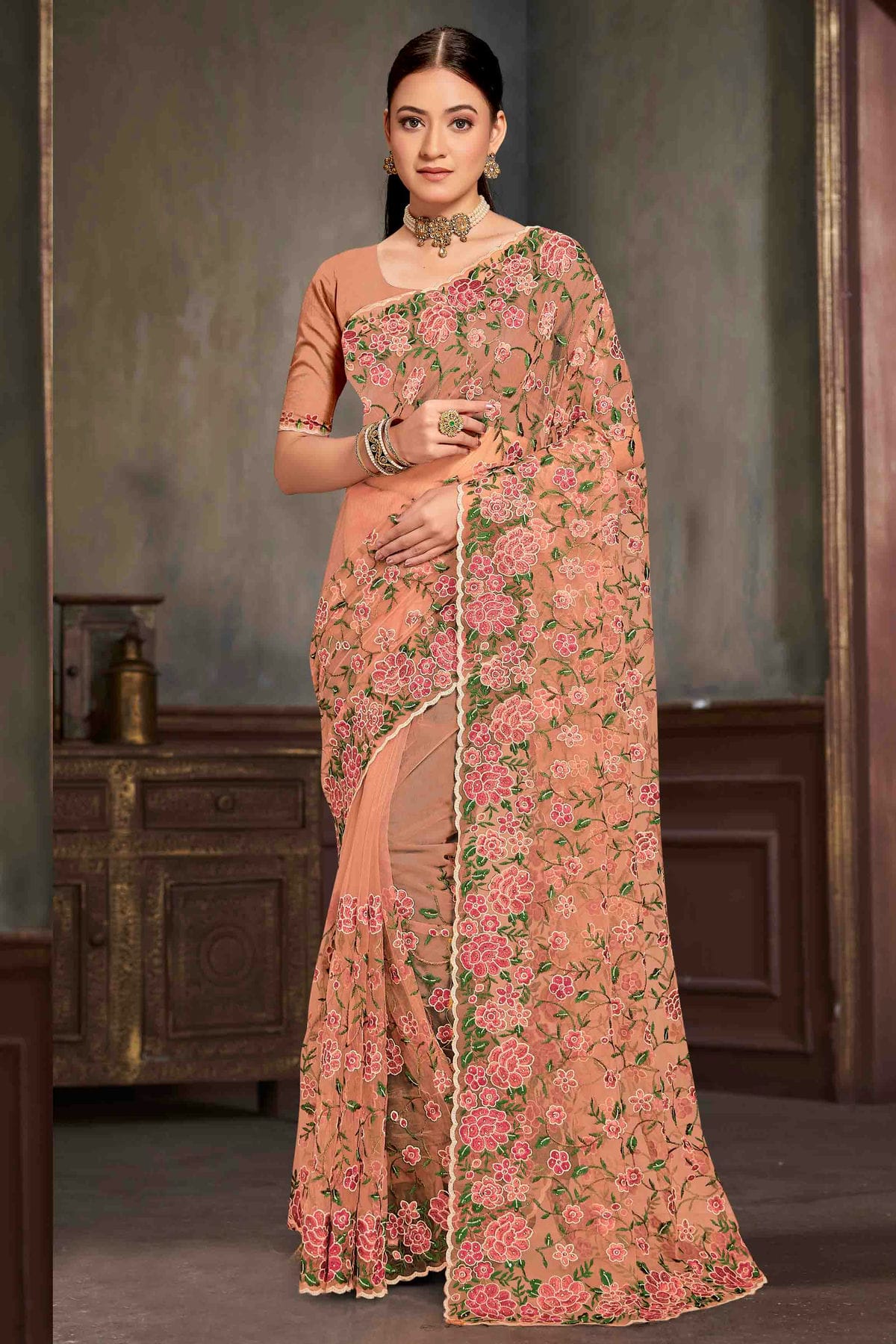 Peach Colour Net Embroidery Work Designer Saree VSSD1091235