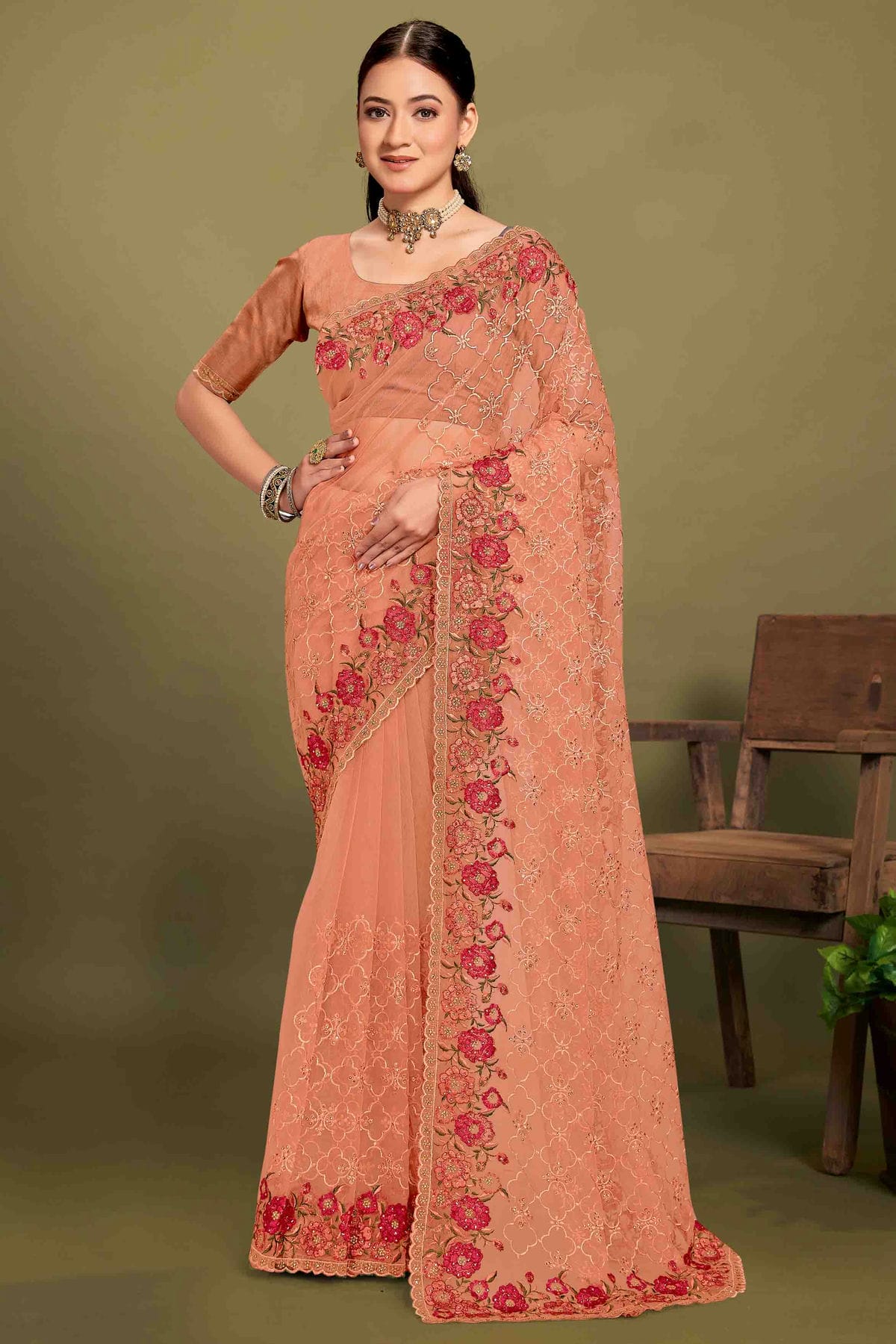 Peach Colour Net Embroidery Work Designer Saree VSSD1091240