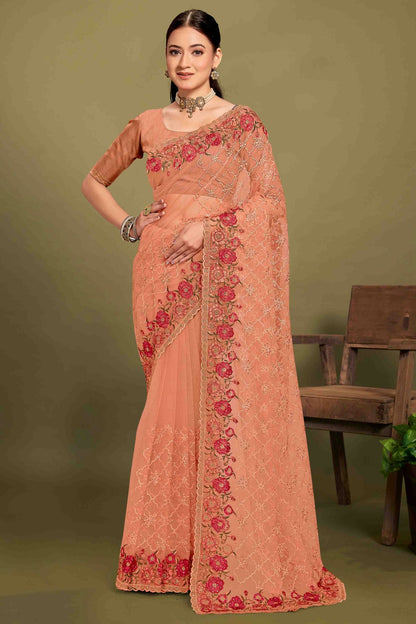 Peach Colour Net Embroidery Work Designer Saree VSSD1091240