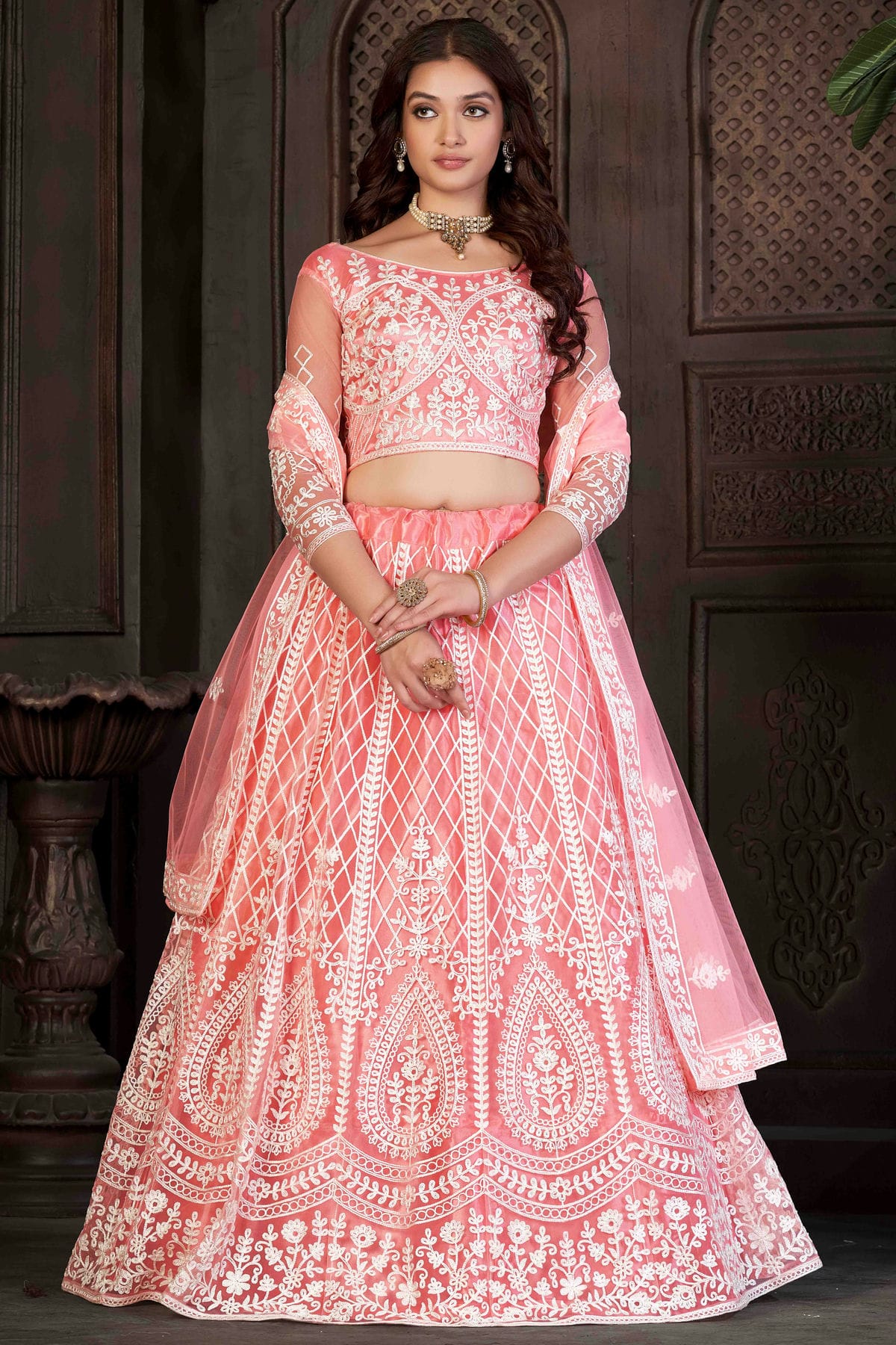 Peach Colour Net Semi Stitched Lehenga Choli VSLC1170057