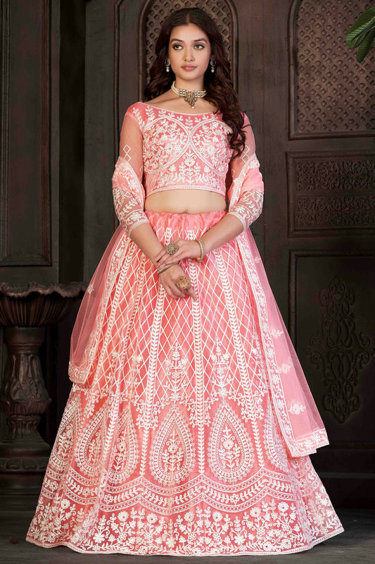 Peach Colour Net Semi Stitched Lehenga Choli VSLC1170057