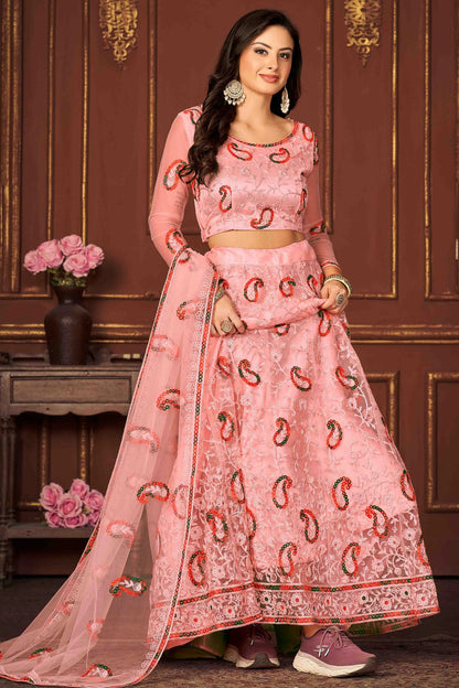 Peach Colour Net Semi Stitched Lehenga Choli VSLC1170068