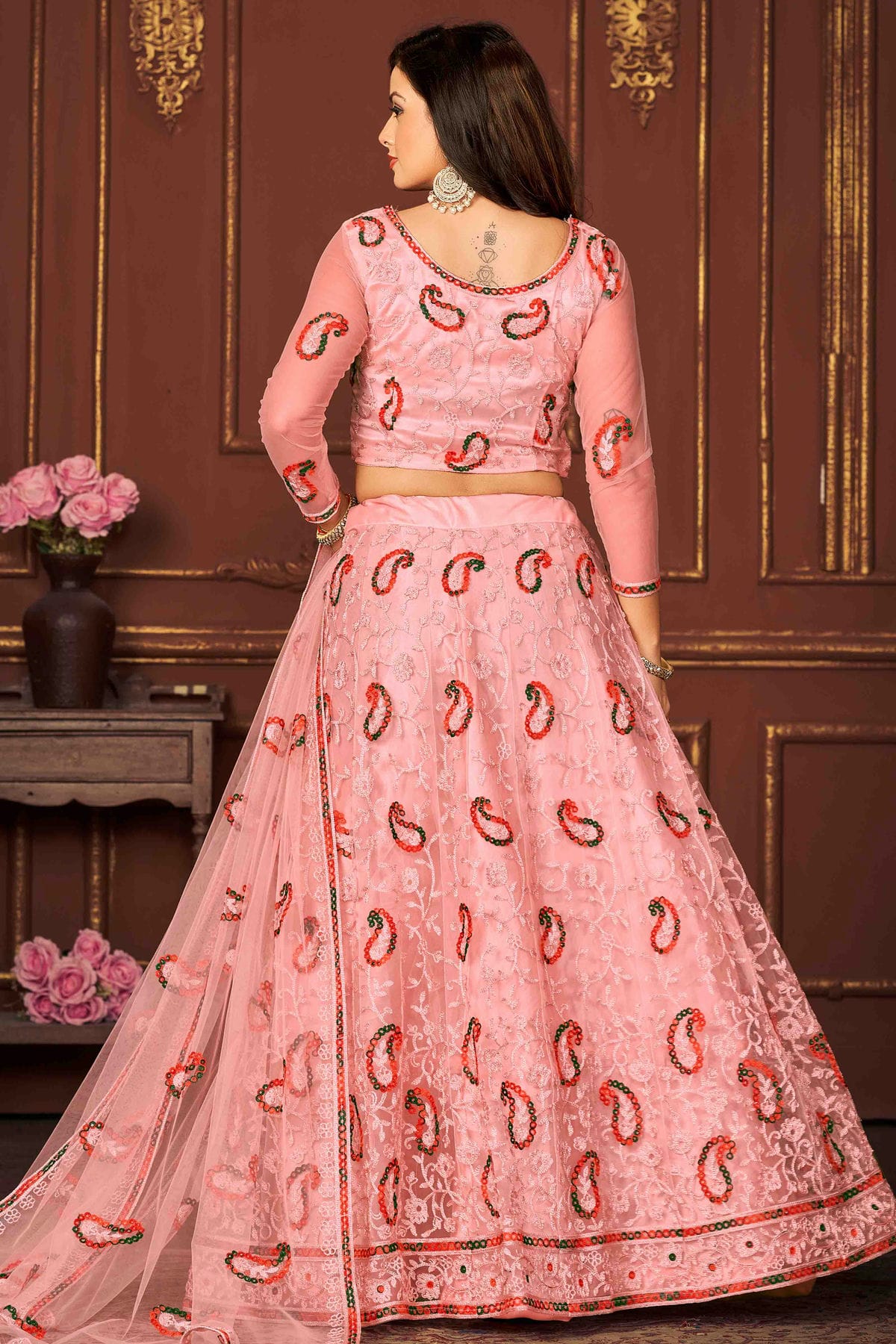 Peach Colour Net Semi Stitched Lehenga Choli VSLC1170068