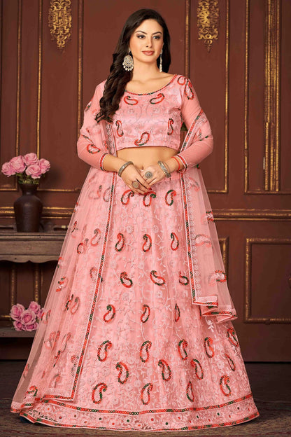 Peach Colour Net Semi Stitched Lehenga Choli VSLC1170068