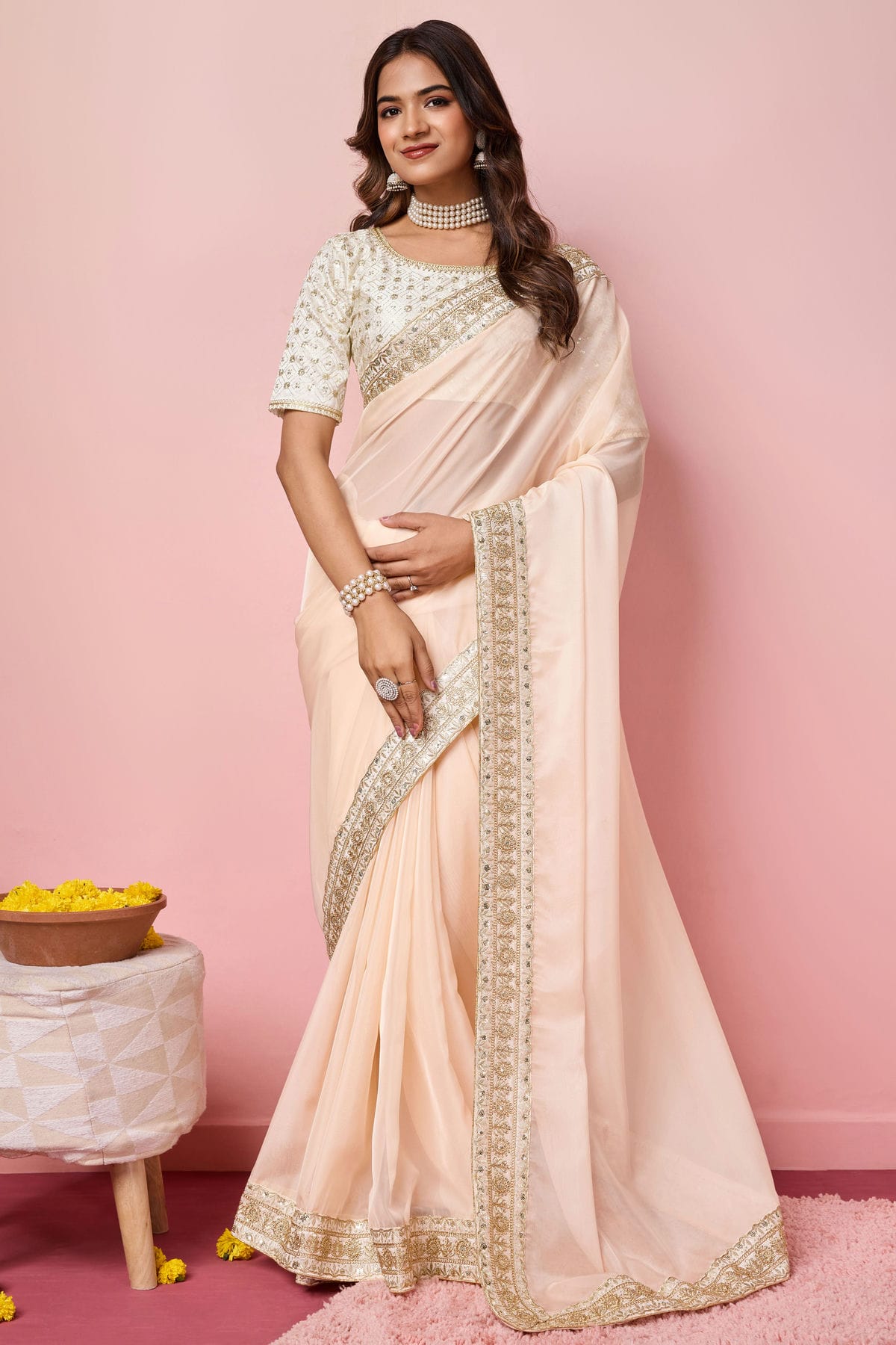 Peach Colour Organza Designer Saree