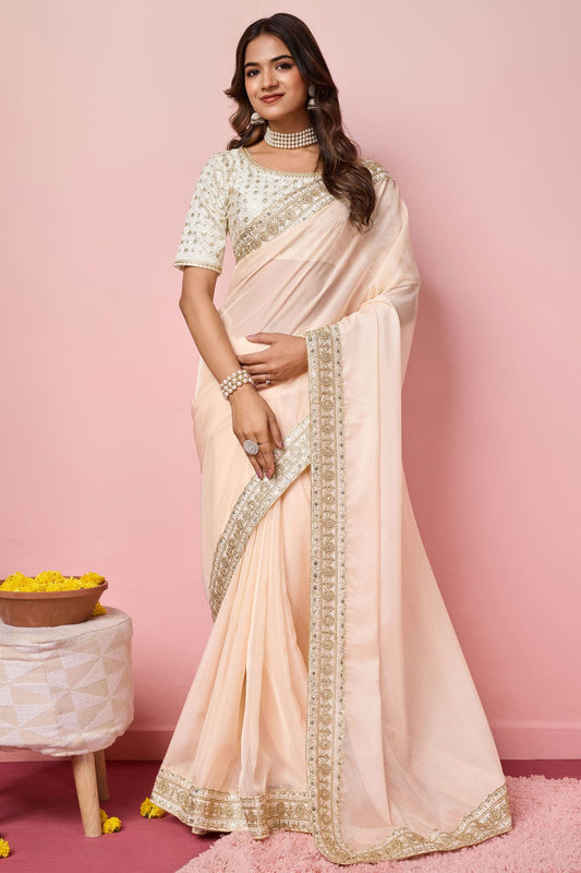 Peach Colour Organza Designer Saree