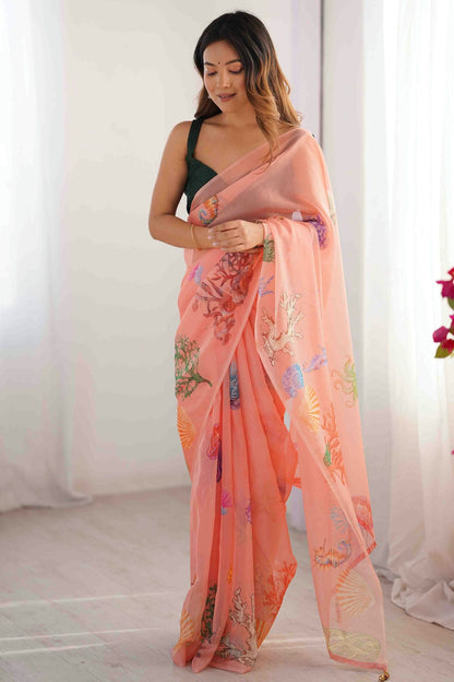 Peach Colour Organza Printed Saree VSSD1113841