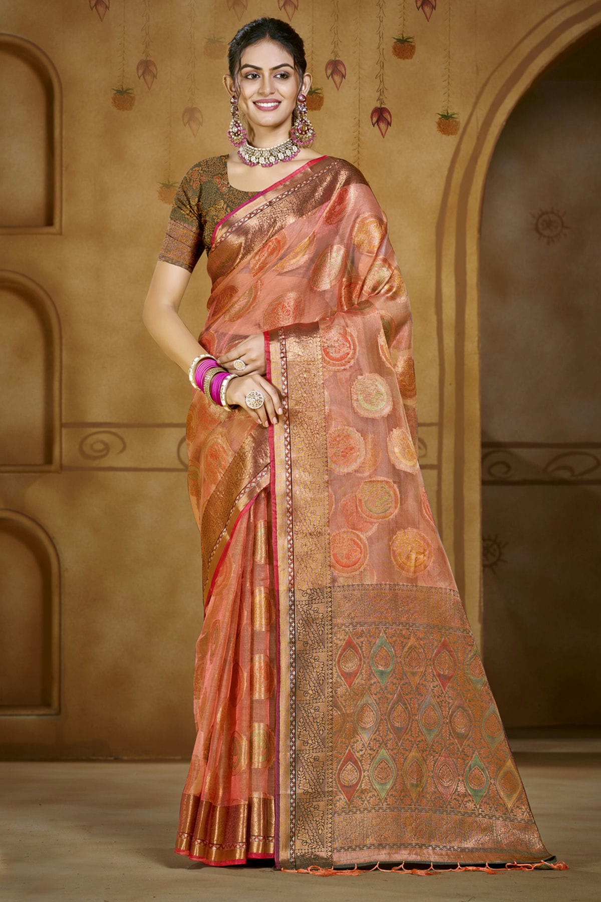 Peach Colour Organza Woven Work Traditional Saree