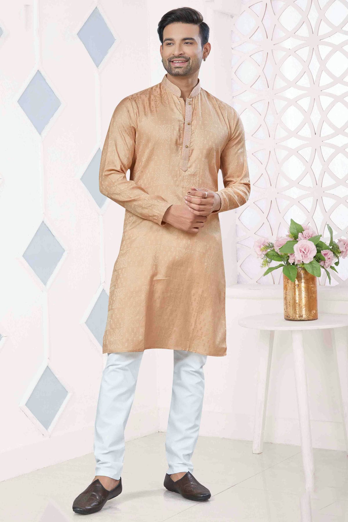 Peach Colour Pintex Work and Woven Jacquard Silk Kurta Pajama VSKP1113402