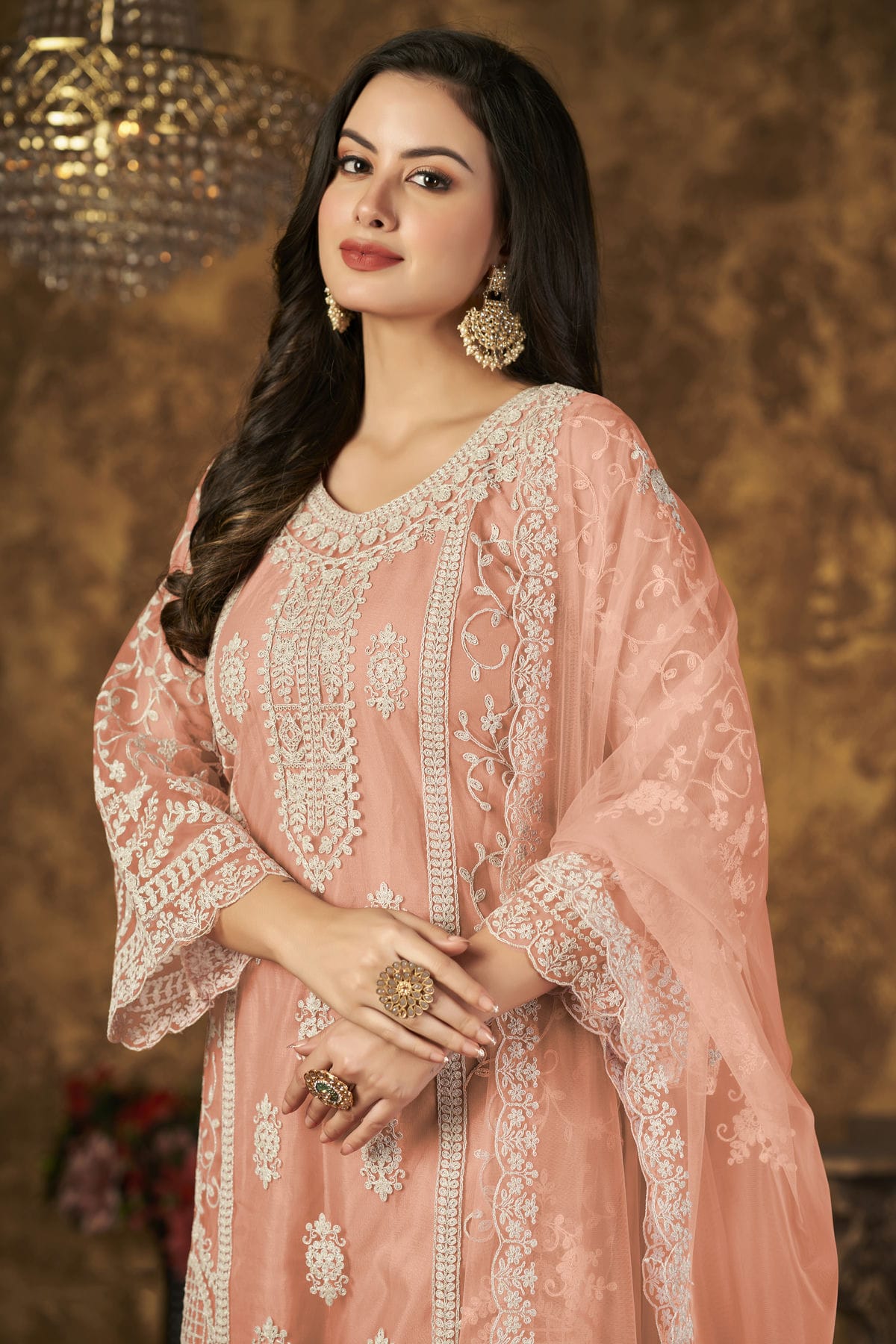 Peach Colour Plazoo Pant Suit Net Semi Stitched VSSM1050531