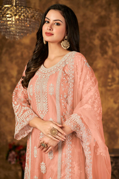 Peach Colour Plazoo Pant Suit Net Semi Stitched VSSM1050531