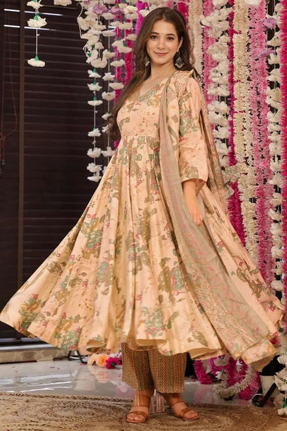 Peach Colour Printed Muslin Stitched Suit