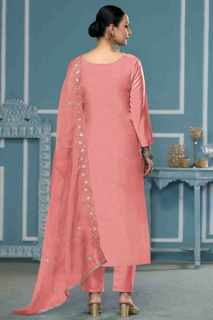 Peach Colour Roman Cotton Pant Style Suit VSSM1113240