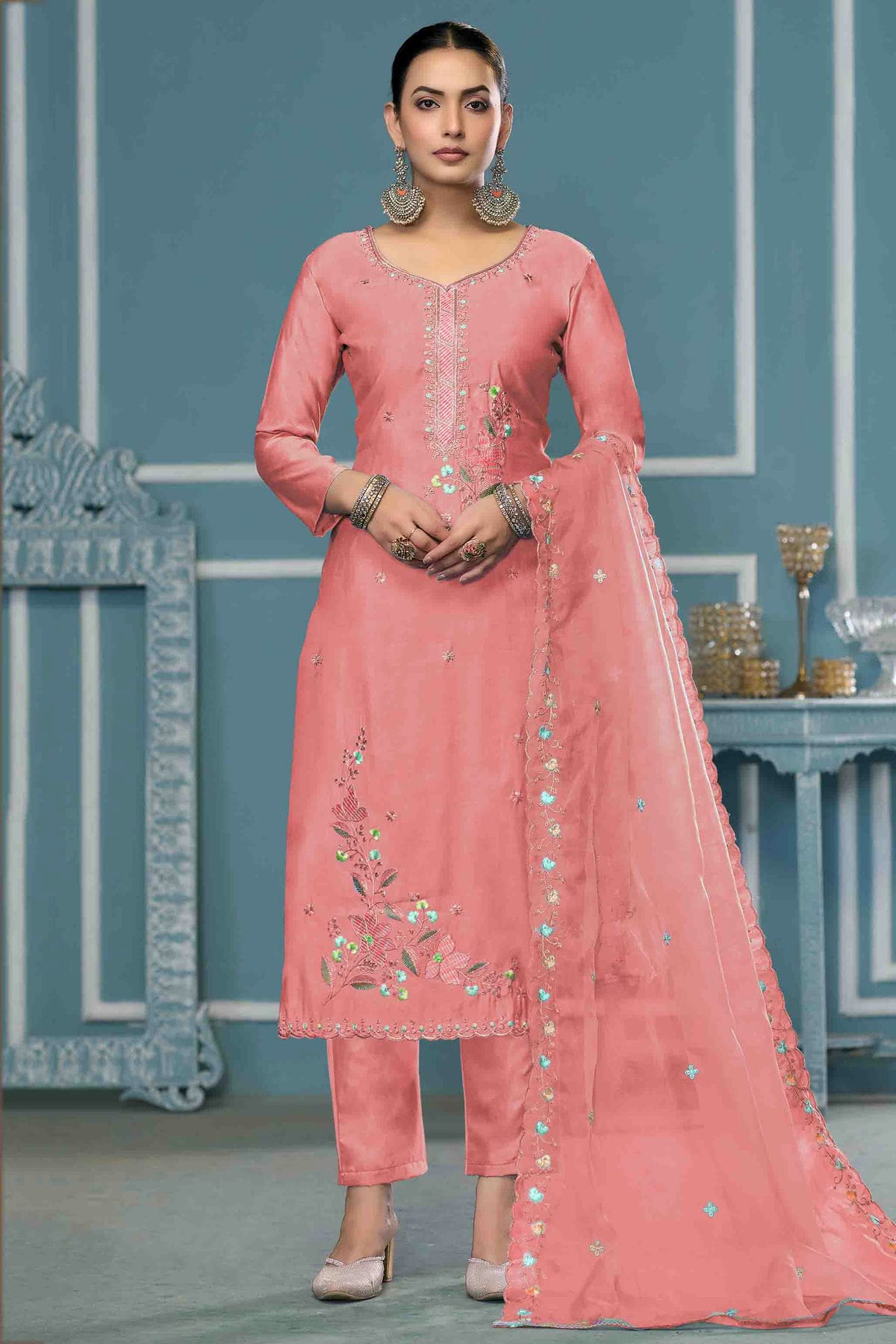 Peach Colour Roman Cotton Pant Style Suit VSSM1113240