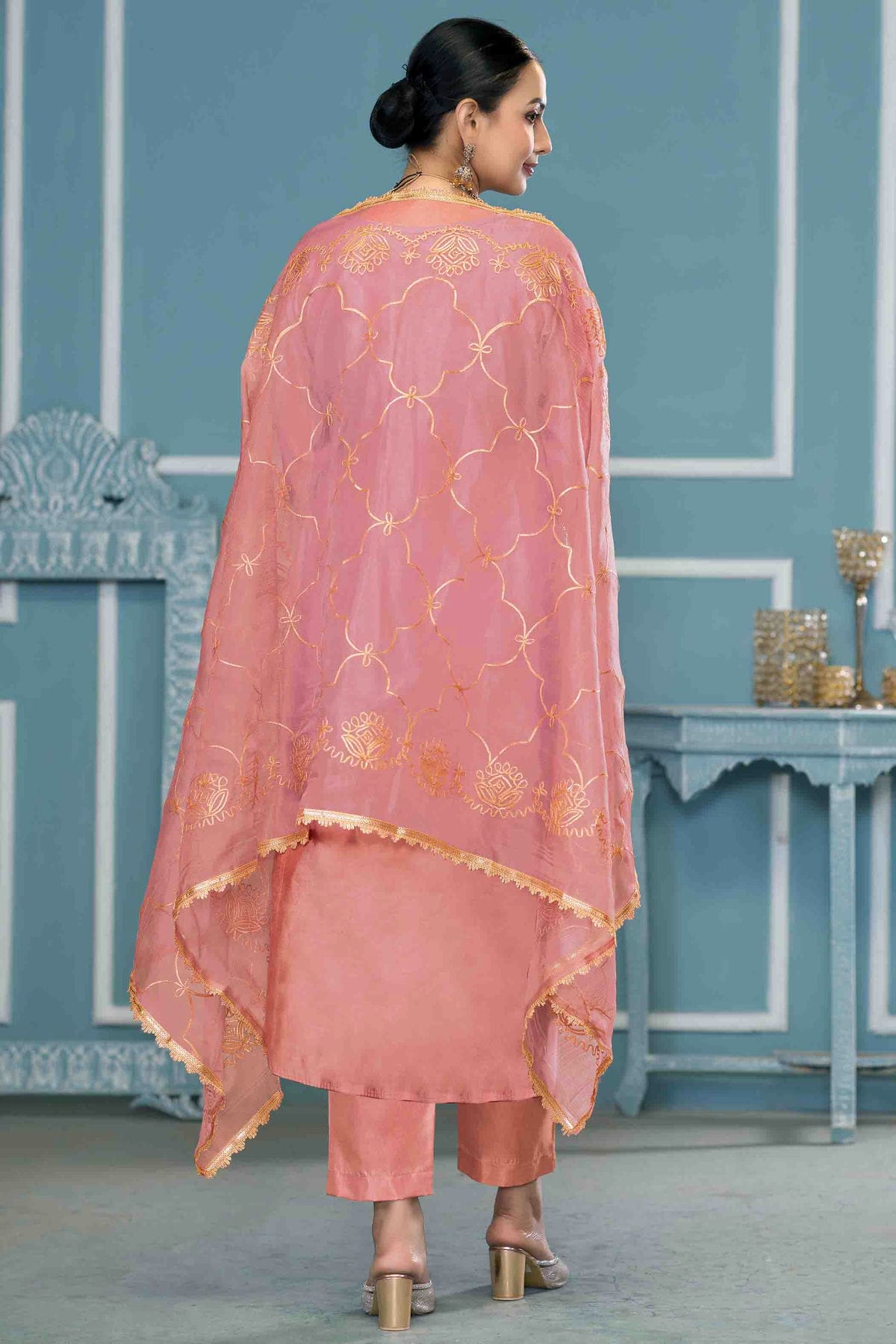 Peach Colour Roman Cotton Pant Style Suit VSSM1113267