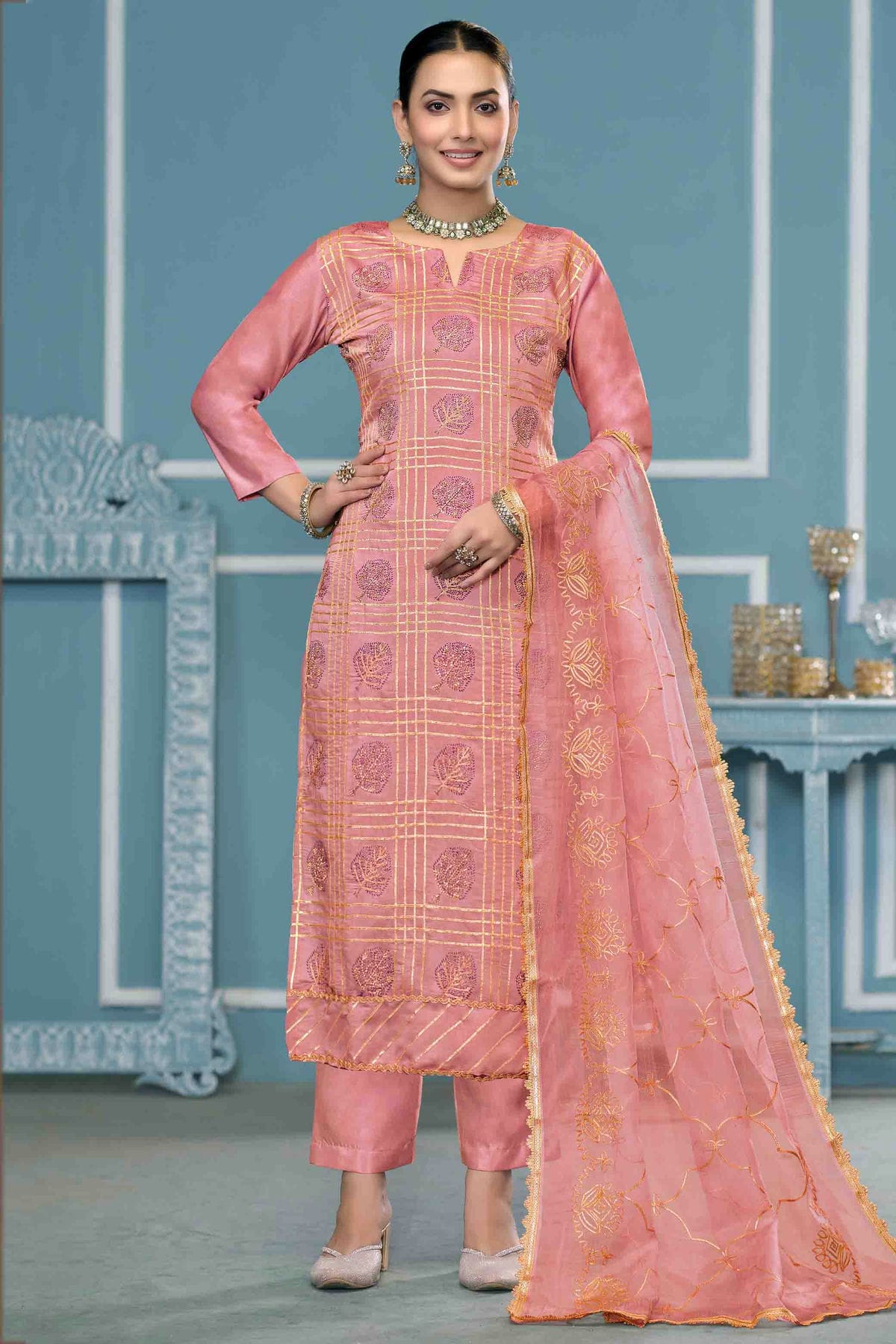 Peach Colour Roman Cotton Pant Style Suit VSSM1113267