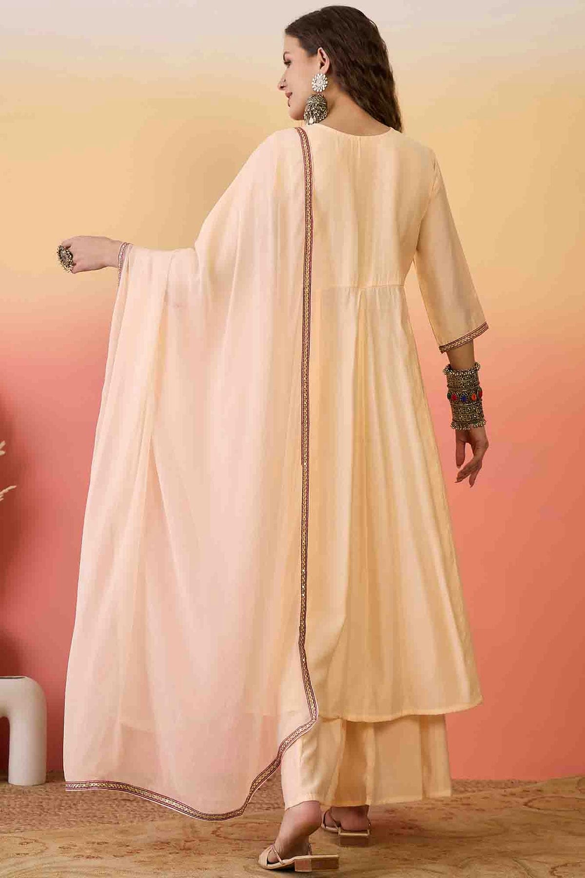 Peach Colour Roman Silk Stitched Palazzo Pant Suit VSSS1113914