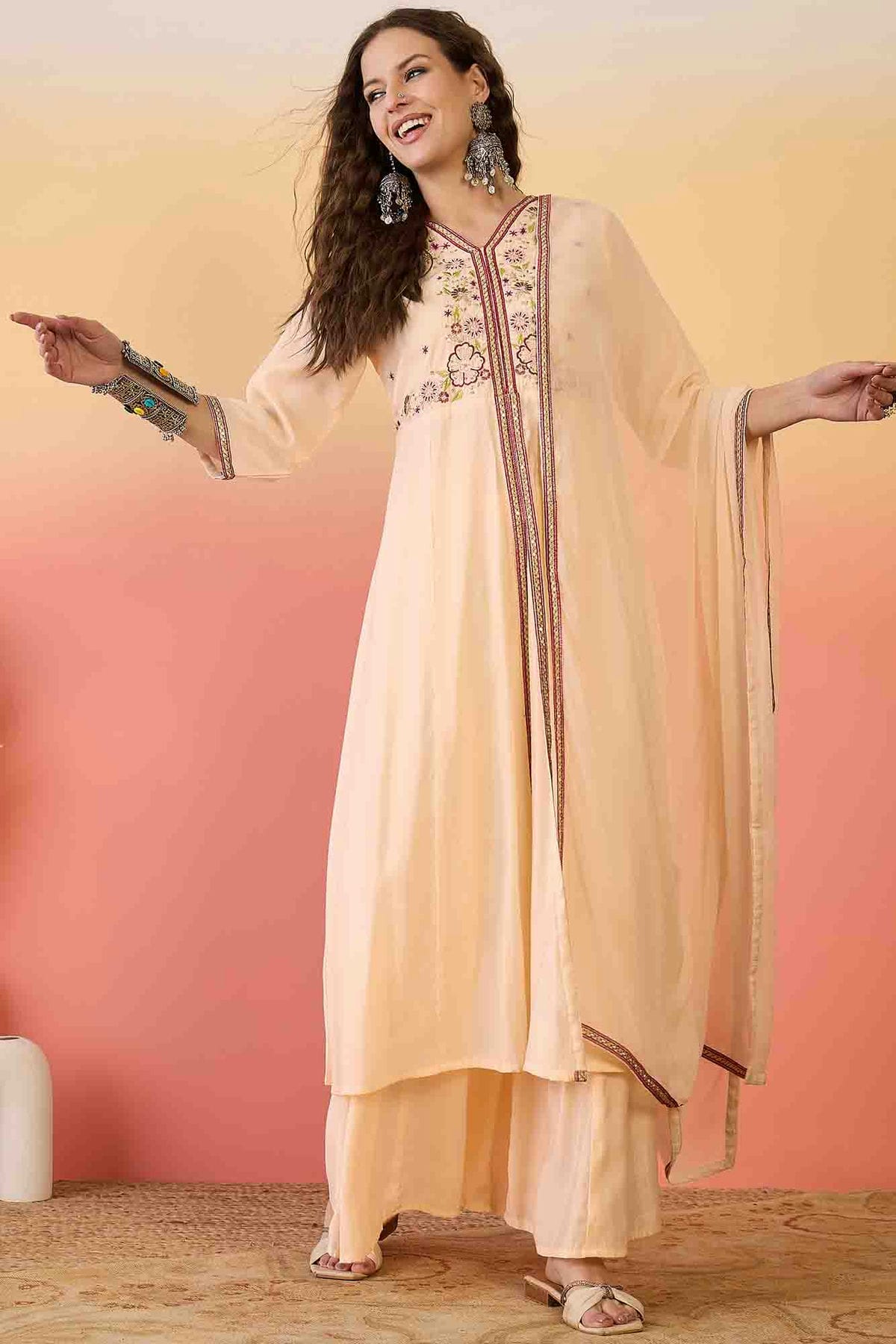 Peach Colour Roman Silk Stitched Palazzo Pant Suit VSSS1113914