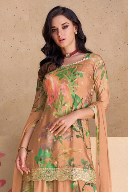 Peach Colour Semi Stitched Chinon Palazzo Pant Suit VSSM1140233