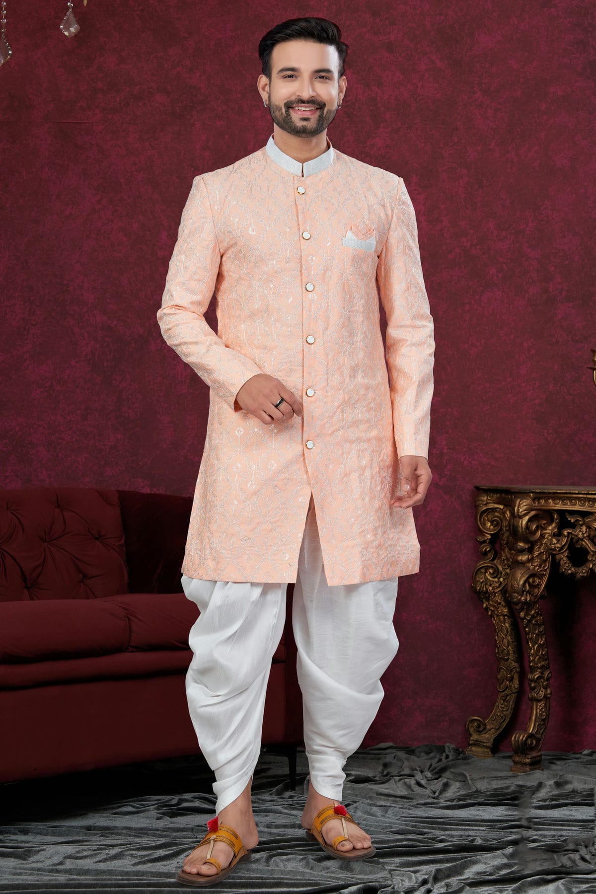 Peach Colour Silk Dupion Dhoti Sherwani