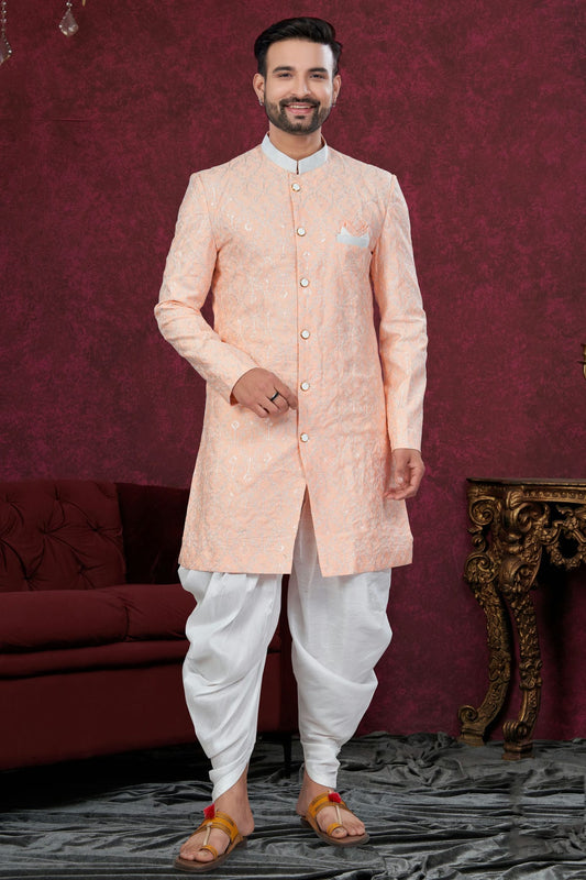 Peach Colour Silk Dupion Dhoti Sherwani
