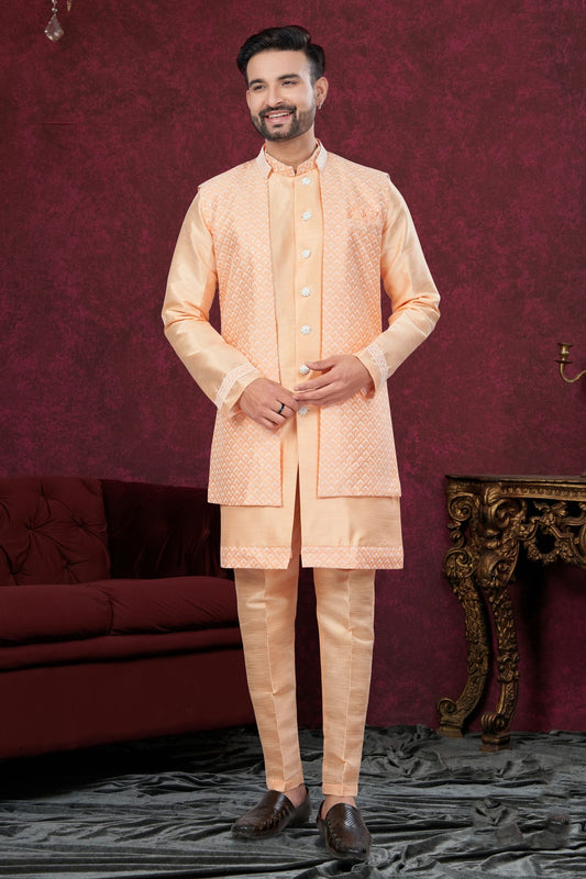 Peach Colour Silk Dupion Sherwani