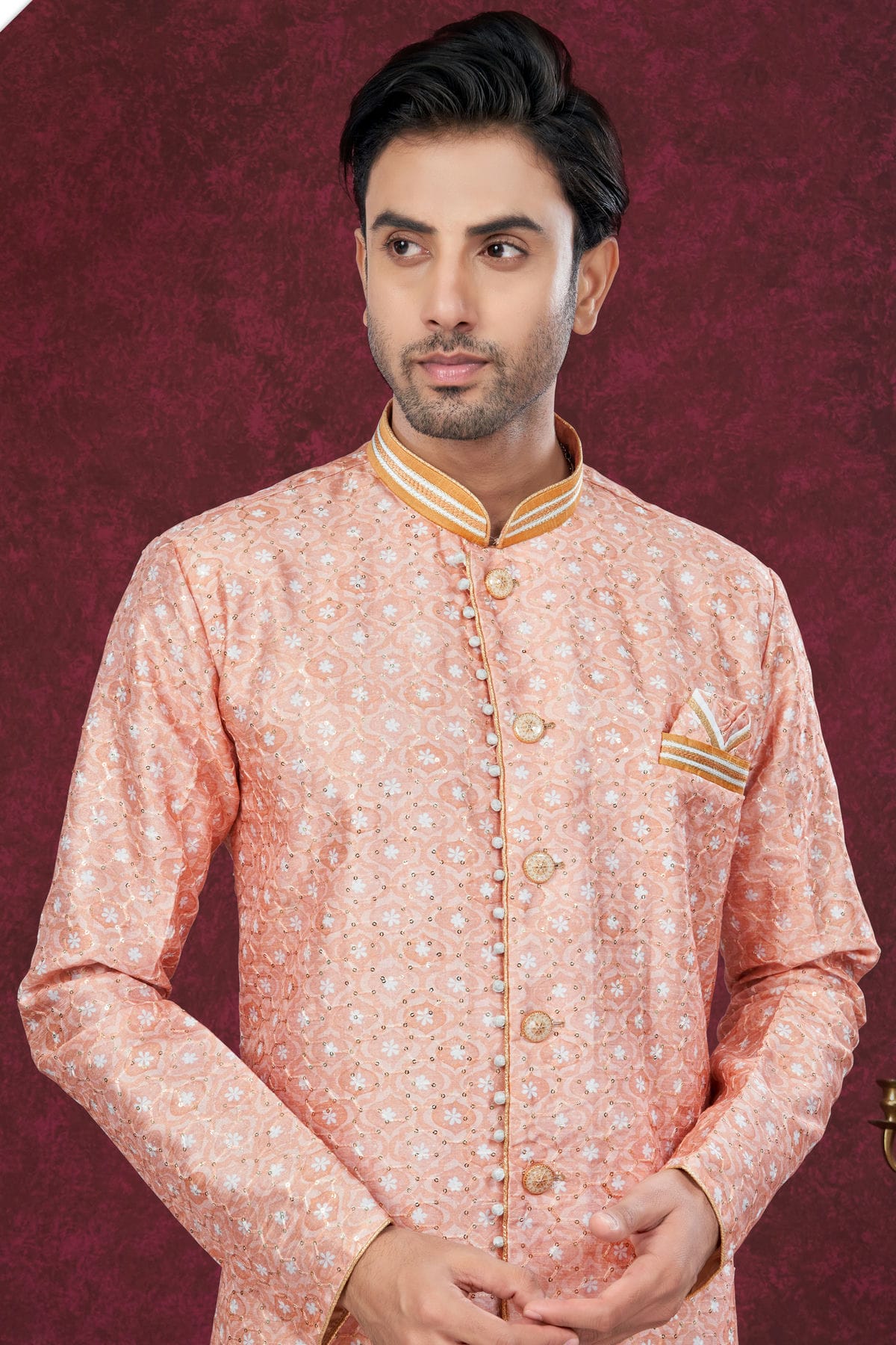 Peach Colour Silk Dupion Sherwani VSSH1040593