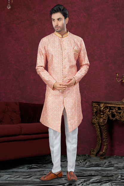 Peach Colour Silk Dupion Sherwani