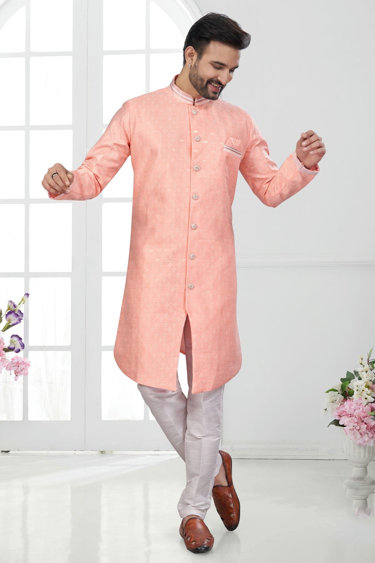 Peach Colour Silk Dupion Sherwani