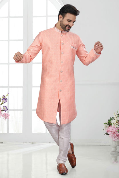 Peach Colour Silk Dupion Sherwani
