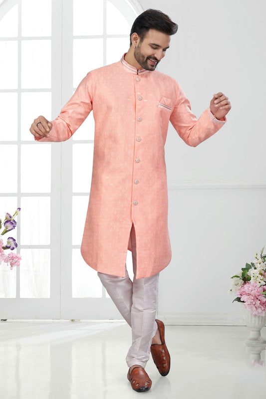 Peach Colour Silk Dupion Sherwani