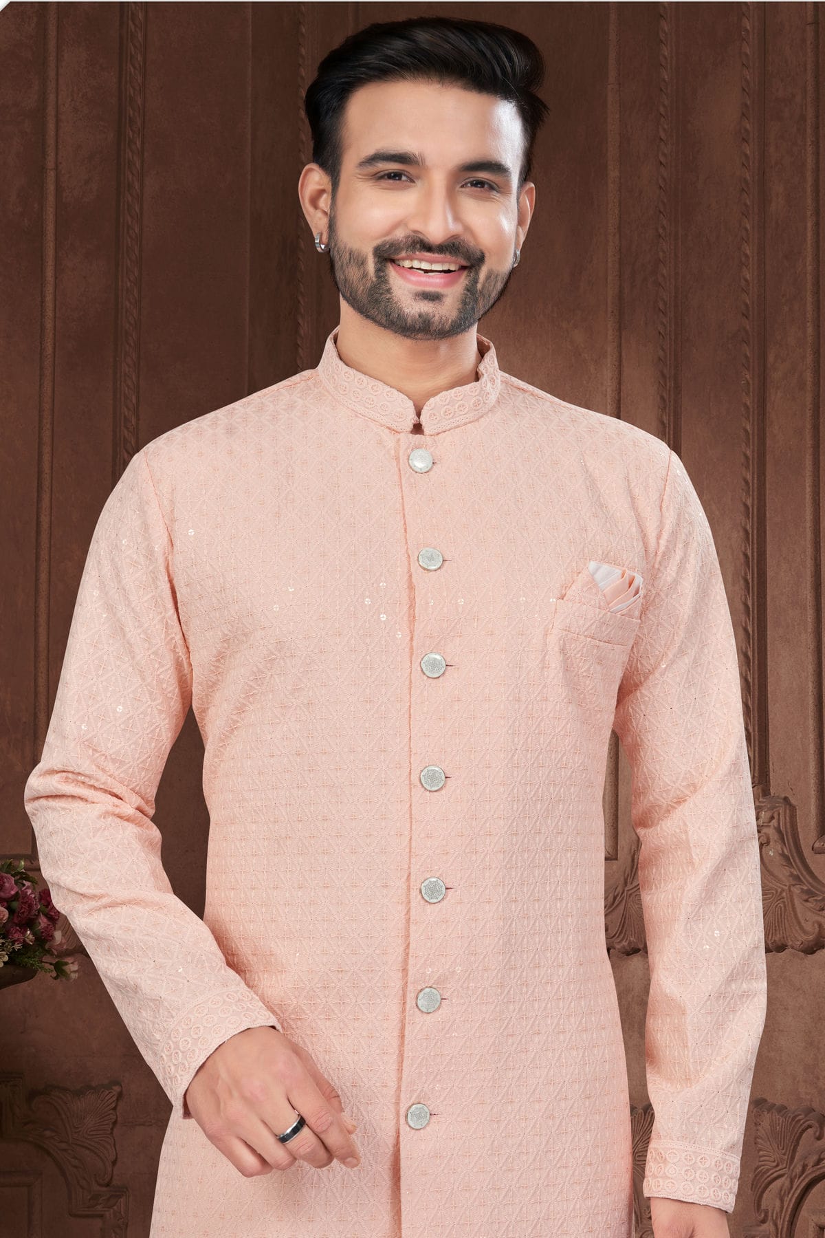 Peach Colour Silk Dupion Sherwani VSSH1040611