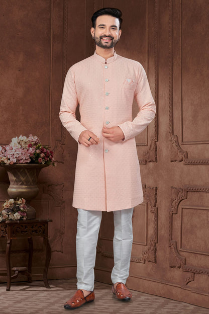 Peach Colour Silk Dupion Sherwani
