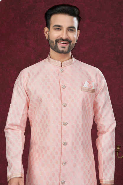 Peach Colour Silk Dupion Sherwani VSSH1040614